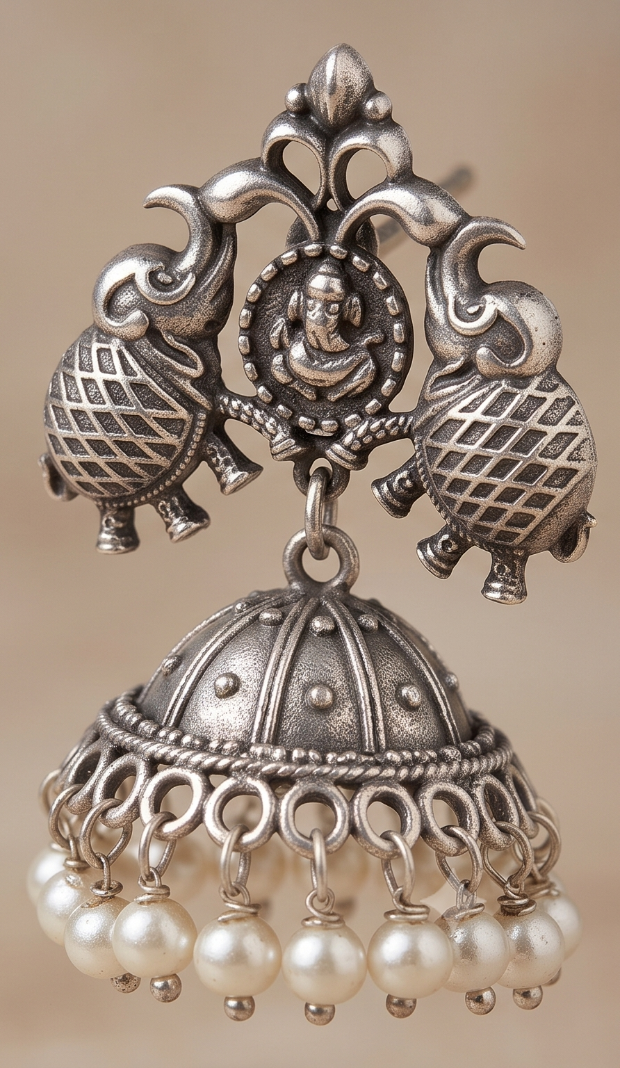Siddhika (সিদ্ধিকা) | Silver Replica Ganesha & Elephant Temple Jhumkas with Triple-Tier Pearl Fringe