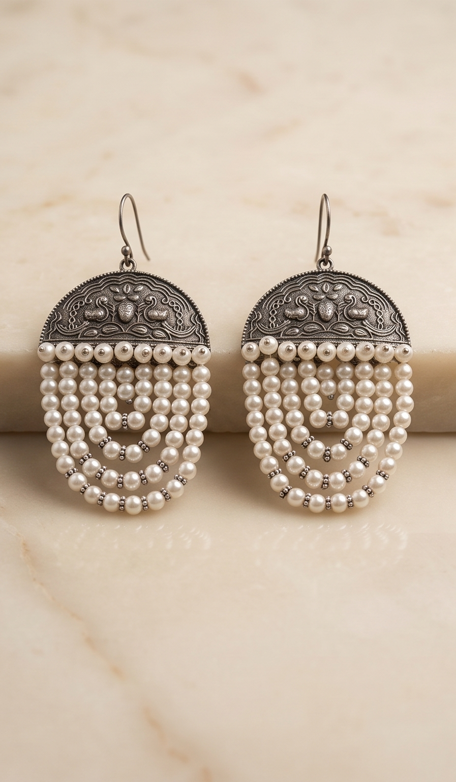 Hansini (হংসিনী) | Silver Replica Swan Motif & Cascading Pearl Waterfall Drop Earrings