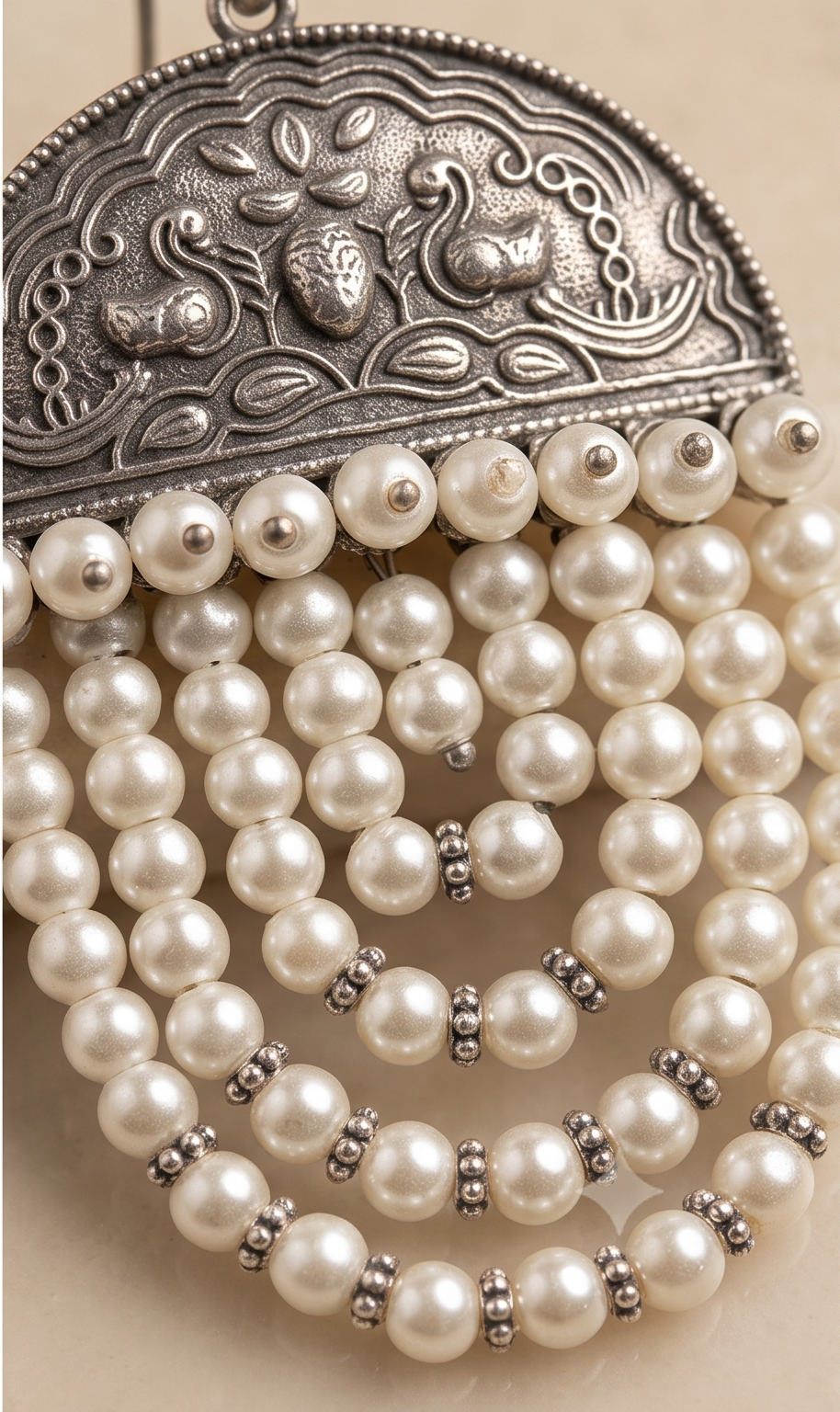 Hansini (হংসিনী) | Silver Replica Swan Motif & Cascading Pearl Waterfall Drop Earrings