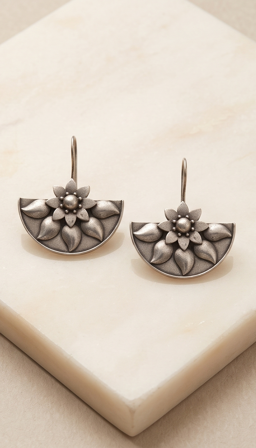 Pankhuri (পঙ্খুড়ি) | Silver Replica Semicircular Lotus Petal Hook Earrings