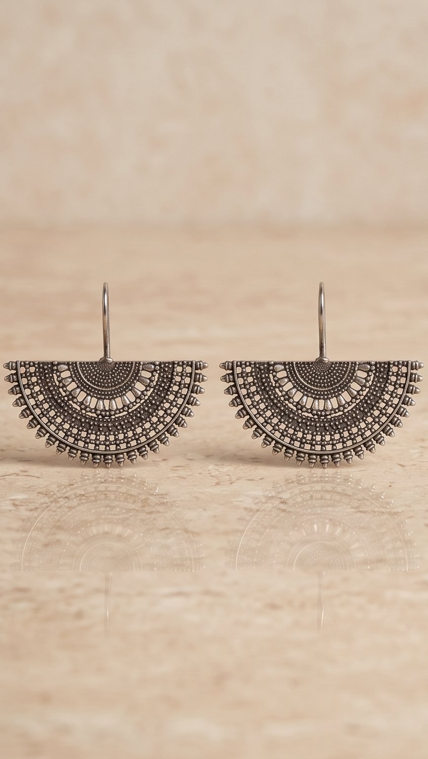 Biyani (বিয়ানী) | Silver Replica Sunburst Fan & Filigree Geometric Drop Earrings