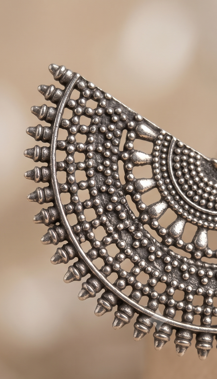Biyani (বিয়ানী) | Silver Replica Sunburst Fan & Filigree Geometric Drop Earrings