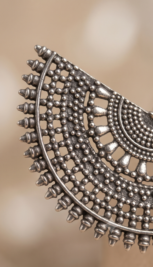 Biyani (বিয়ানী) | Silver Replica Sunburst Fan & Filigree Geometric Drop Earrings