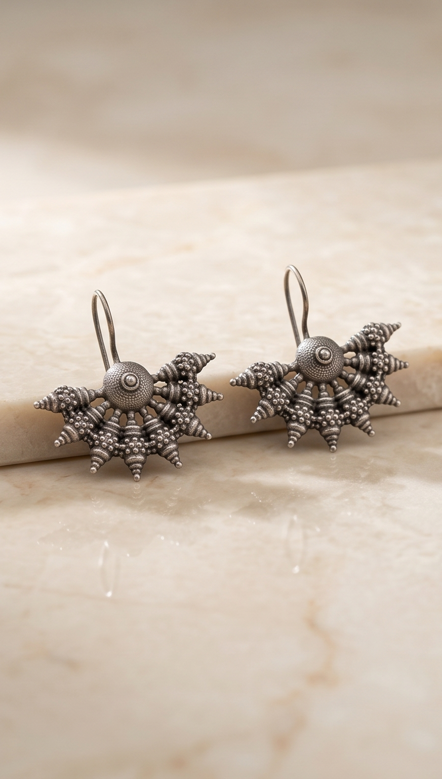 Shulkha | Silver Replica Granulated Spike & Sunburst Fan Drop Earrings