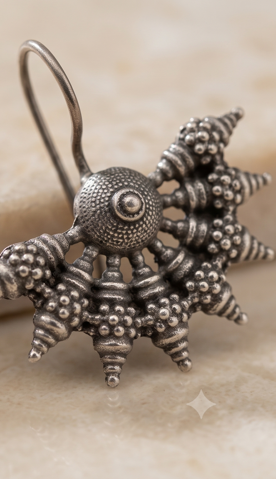 Shulkha | Silver Replica Granulated Spike & Sunburst Fan Drop Earrings