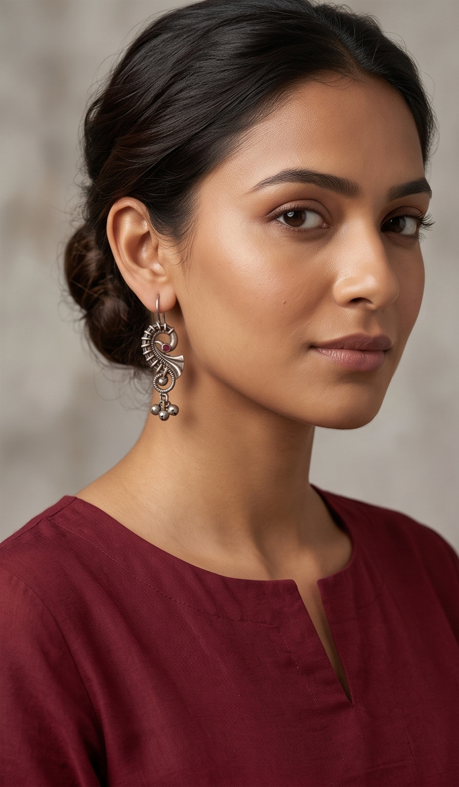 Kalka (কল্কা) | Silver Replica Paisley Swirl & Ruby Cabochon Ghungroo Earrings