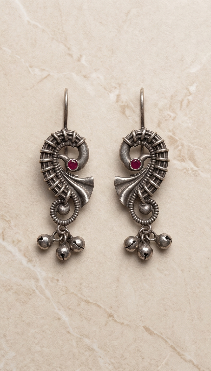 Kalka (কল্কা) | Silver Replica Paisley Swirl & Ruby Cabochon Ghungroo Earrings