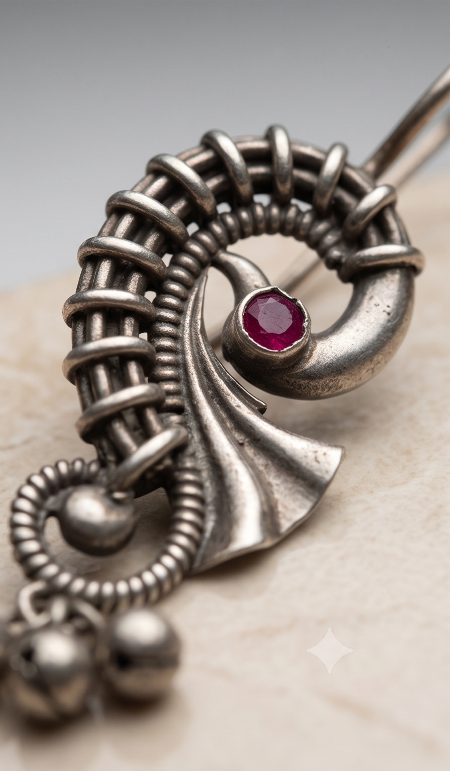 Kalka (কল্কা) | Silver Replica Paisley Swirl & Ruby Cabochon Ghungroo Earrings