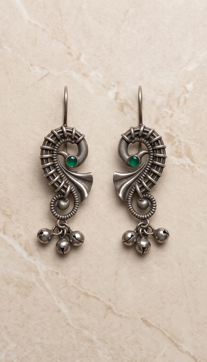Kalka (কল্কা) | Silver Replica Paisley Swirl & Ruby Cabochon Ghungroo Earrings