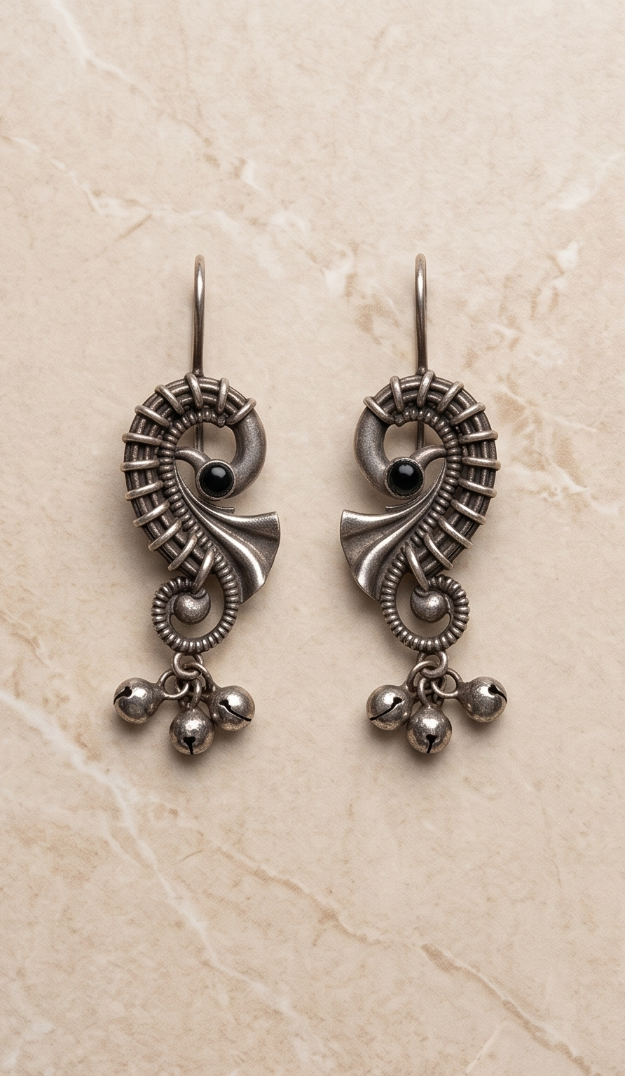 Kalka (কল্কা) | Silver Replica Paisley Swirl & Ruby Cabochon Ghungroo Earrings