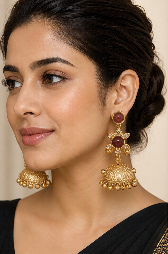 Matte Golden Ruby stone Jhumka Earrings