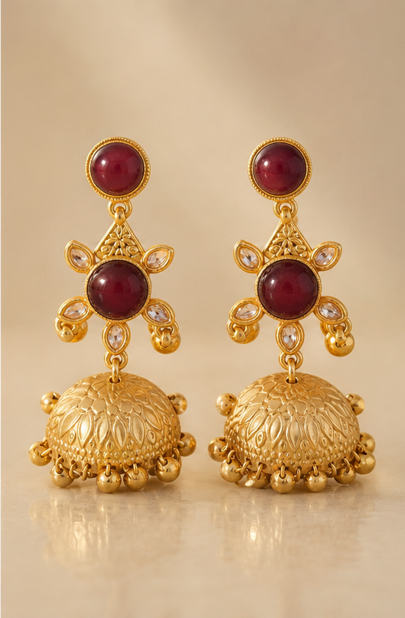 Matte Golden Ruby stone Jhumka Earrings