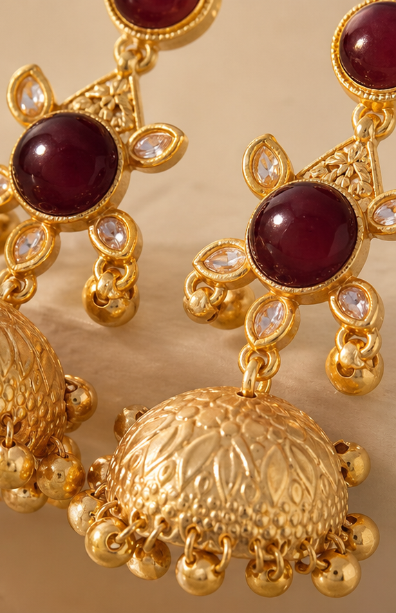 Matte Golden Ruby stone Jhumka Earrings