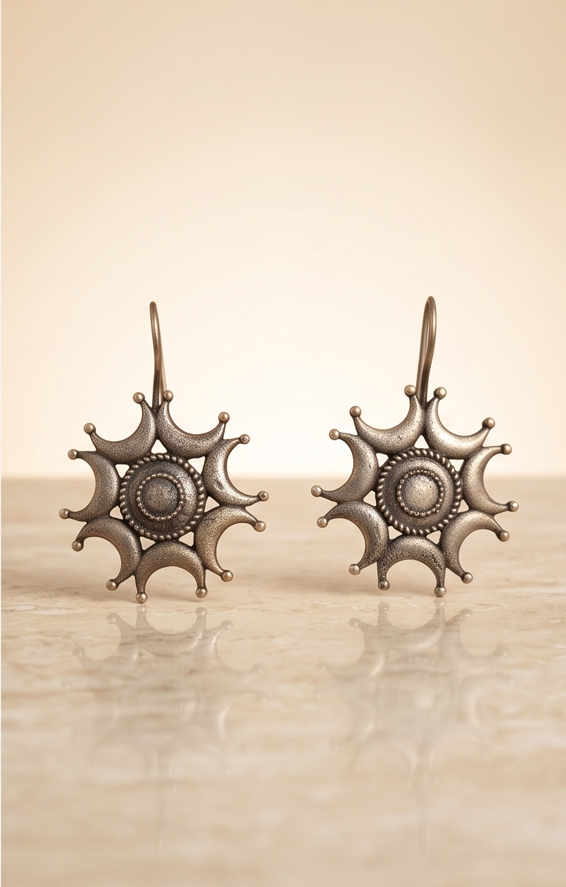 Somkali | Antique Silver Replica Celestial Crescent & Sunburst Mandala Drop Earrings