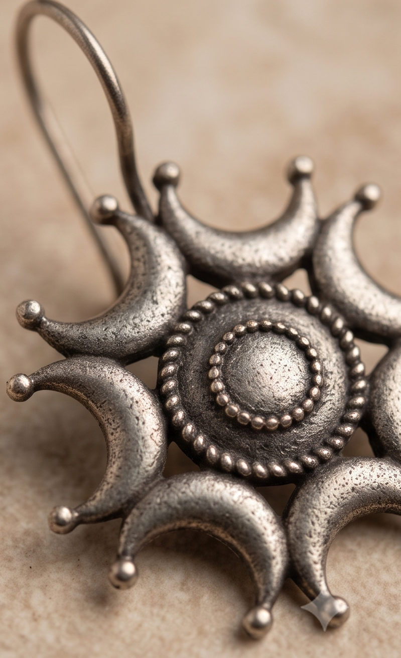 Somkali | Antique Silver Replica Celestial Crescent & Sunburst Mandala Drop Earrings