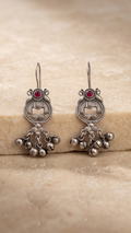 Manjima | Silver Replica Peacock Filigree & Ruby Cabochon Ghungroo Drop Earrings