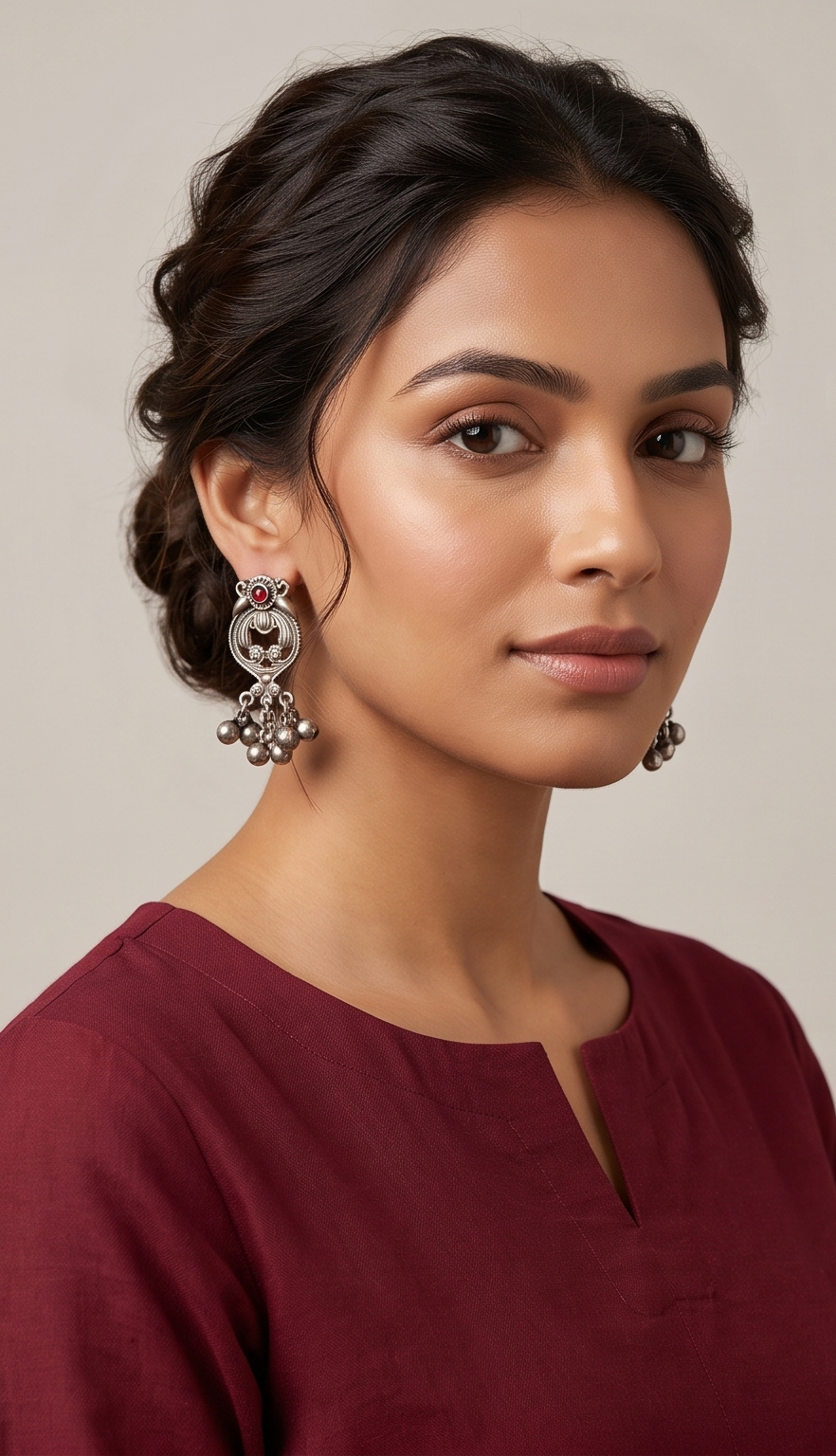 Manjima | Silver Replica Peacock Filigree & Ruby Cabochon Ghungroo Drop Earrings