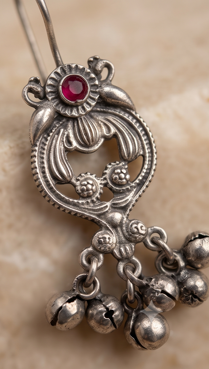 Manjima | Silver Replica Peacock Filigree & Ruby Cabochon Ghungroo Drop Earrings