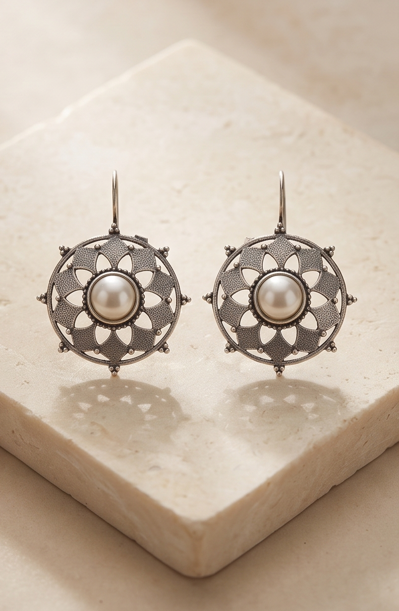 Chandrakona | Silver Replica Pearl Mandala & Geometric Openwork Drop Earrings