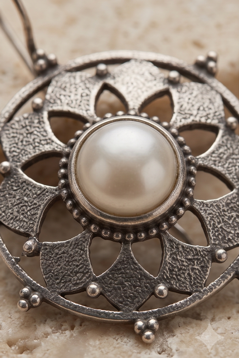 Chandrakona | Silver Replica Pearl Mandala & Geometric Openwork Drop Earrings