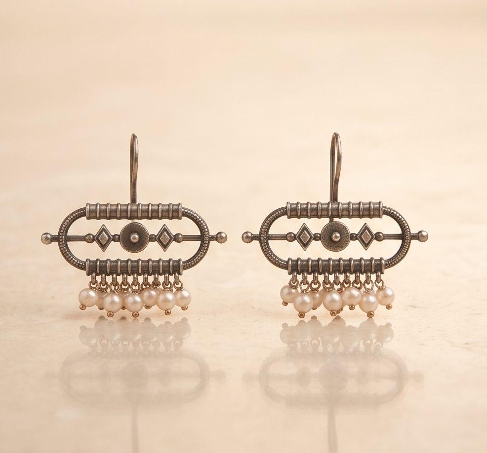 Muktika | Silver Replica Geometric Capsule & Pearl Fringe Drop Earrings