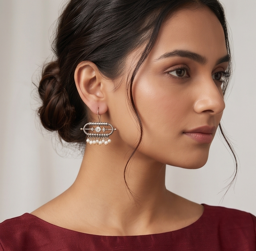 Muktika | Silver Replica Geometric Capsule & Pearl Fringe Drop Earrings