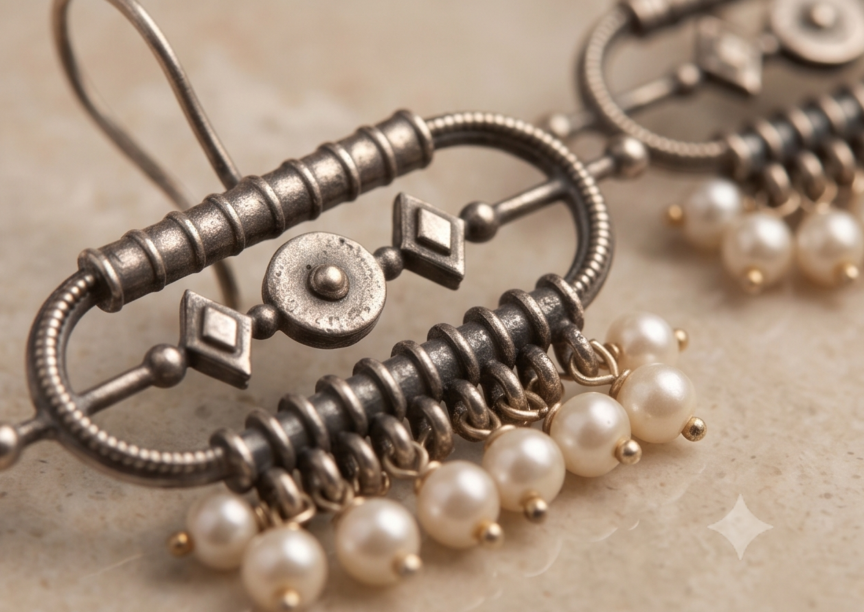 Muktika | Silver Replica Geometric Capsule & Pearl Fringe Drop Earrings