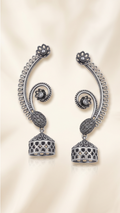 Bollobhi | Silver Replica Floral Ear Cuff & Geometric Jhumka Drop Cuff Earrings