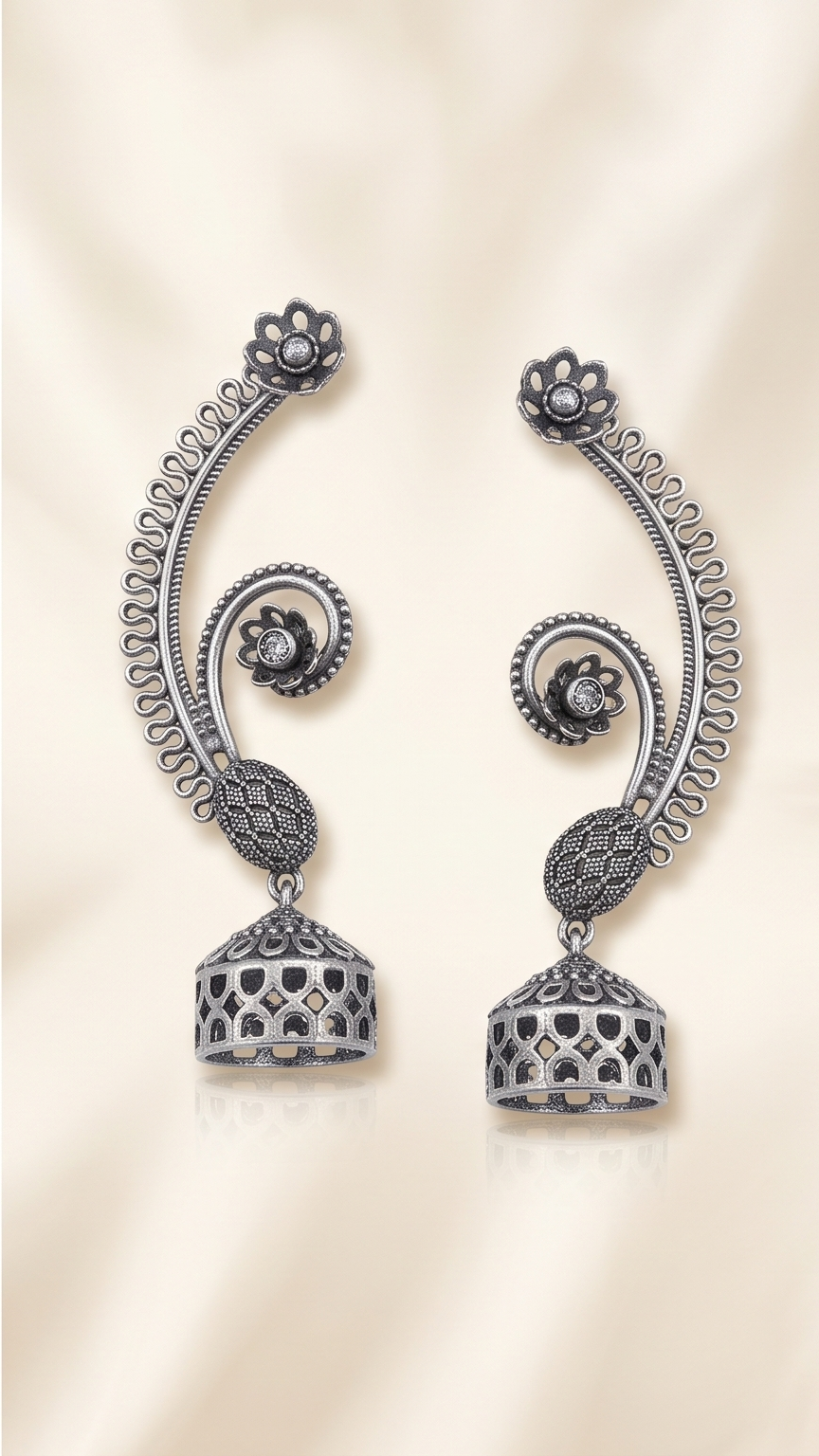 Bollobhi | Silver Replica Floral Ear Cuff & Geometric Jhumka Drop Cuff Earrings