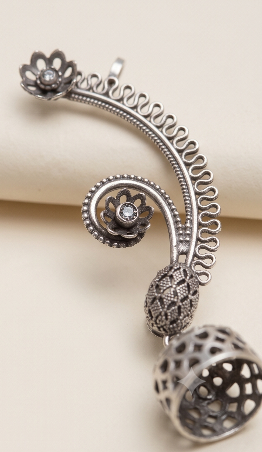 Bollobhi | Silver Replica Floral Ear Cuff & Geometric Jhumka Drop Cuff Earrings