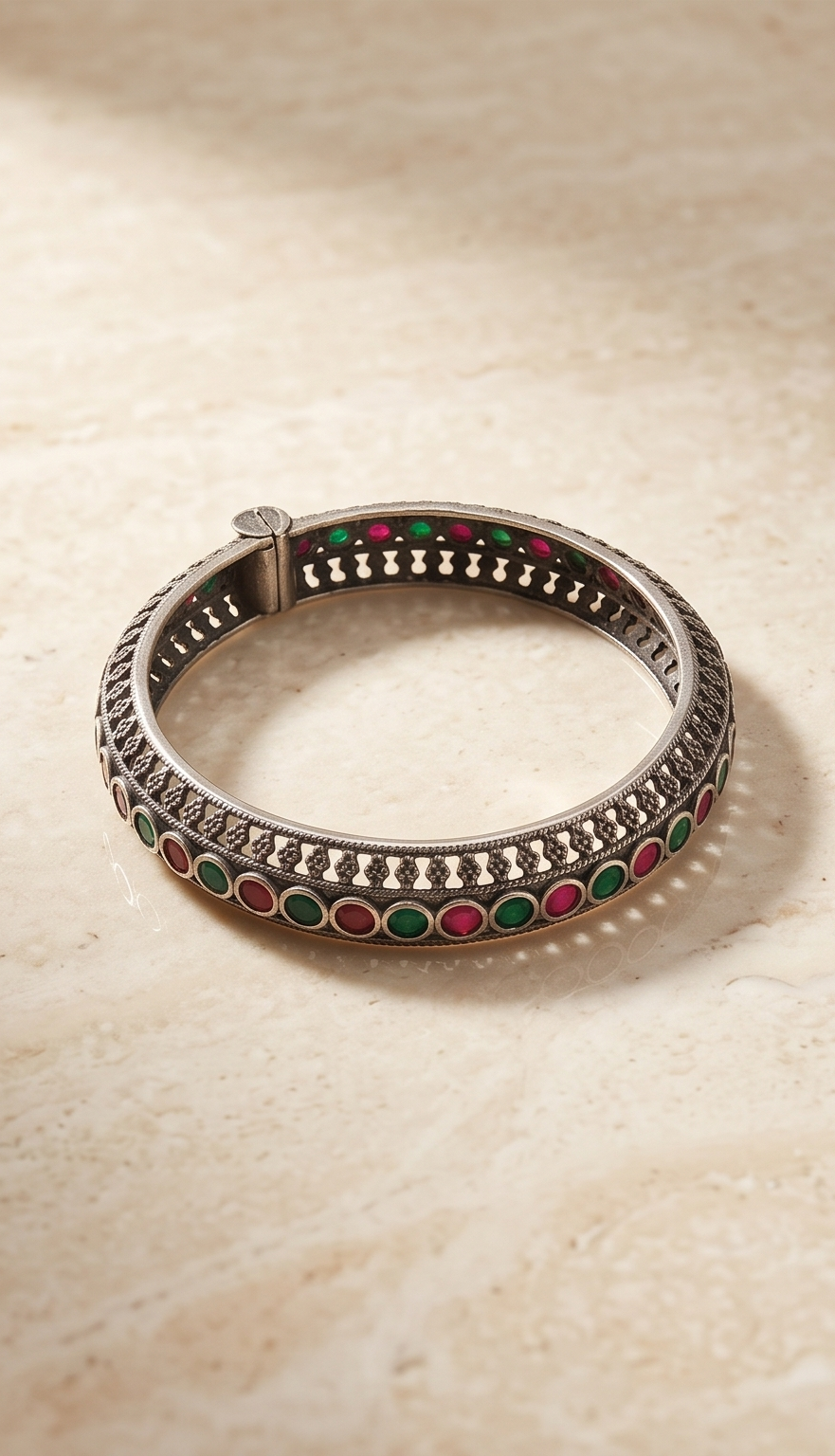 Ratnabali | Silver Replica Ruby & Emerald Jaali Cutout Hinged Bangle