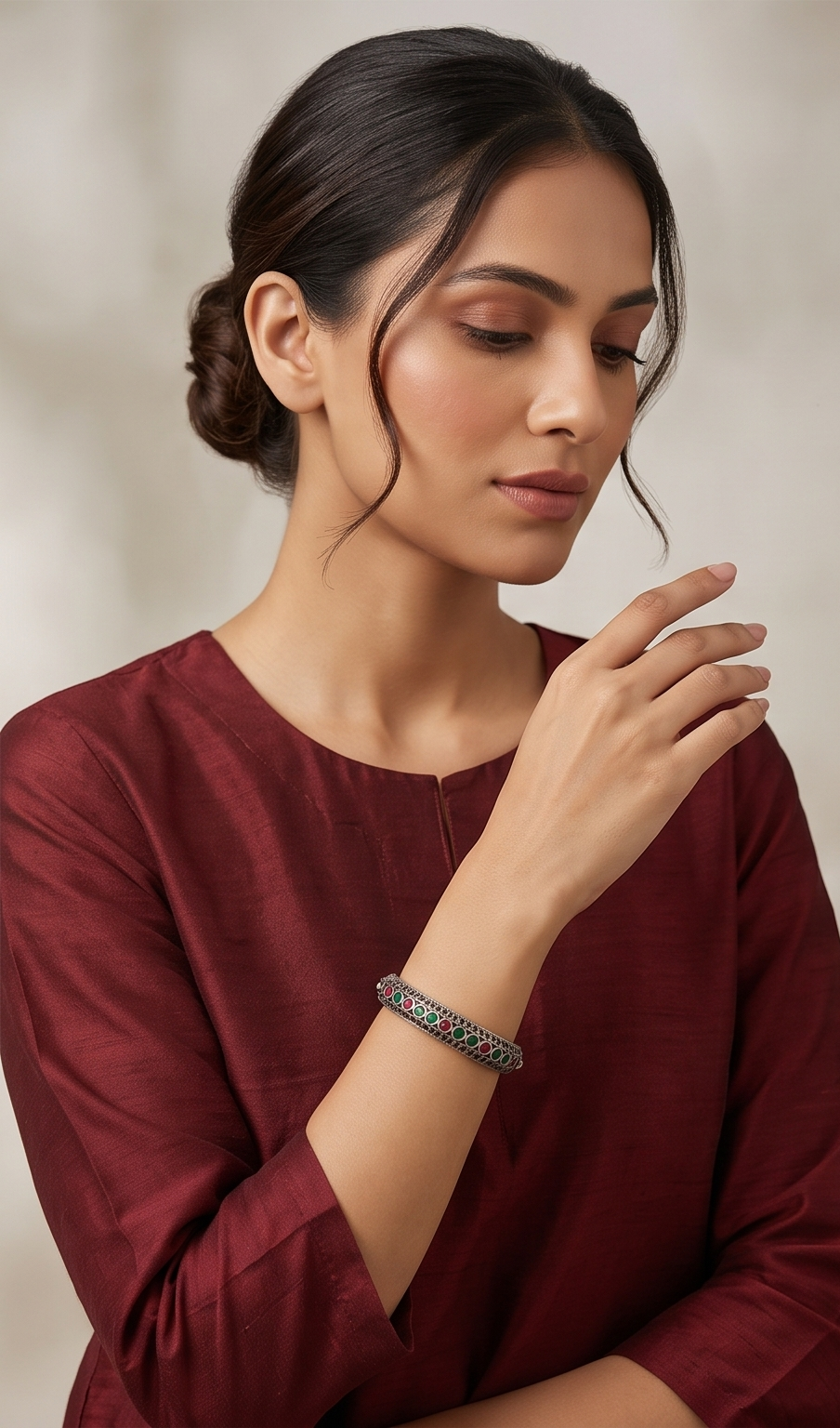 Ratnabali | Silver Replica Ruby & Emerald Jaali Cutout Hinged Bangle