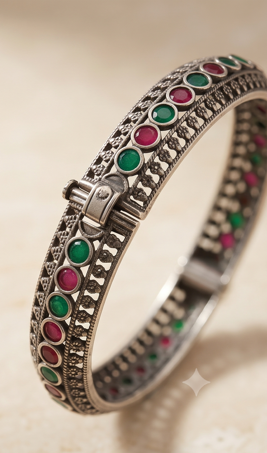 Ratnabali | Silver Replica Ruby & Emerald Jaali Cutout Hinged Bangle
