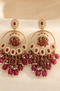 Golden Ruby & Pearl Chandbali Hoop Earrings with Hanging Jhumka Drop