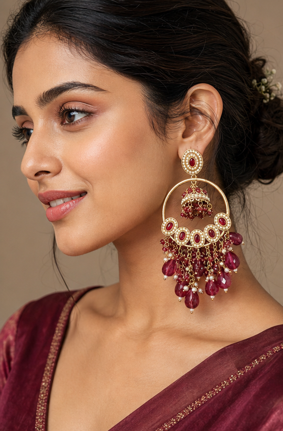 Golden Ruby & Pearl Chandbali Hoop Earrings with Hanging Jhumka Drop