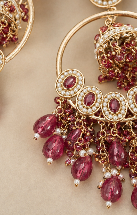 Golden Ruby & Pearl Chandbali Hoop Earrings with Hanging Jhumka Drop