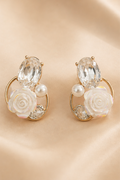 Golden Carved Rose & Faceted Crystal Stud Earrings with Pearl Accent