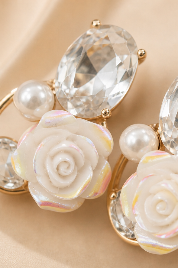 Golden Carved Rose & Faceted Crystal Stud Earrings with Pearl Accent