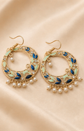Golden Floral Enamel & Pearl Hoop Earrings with Crystal Accents