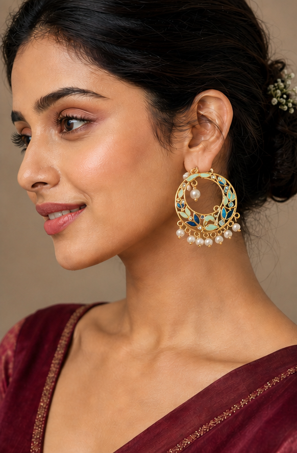 Golden Floral Enamel & Pearl Hoop Earrings with Crystal Accents