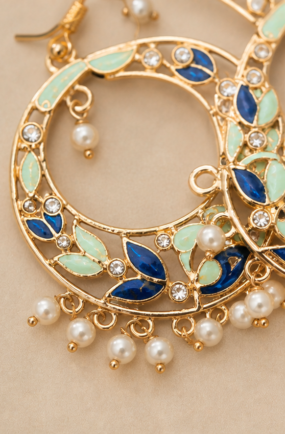 Golden Floral Enamel & Pearl Hoop Earrings with Crystal Accents