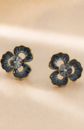 Charcoal Enamel Floral Stud Earrings with Smoky Crystal Center