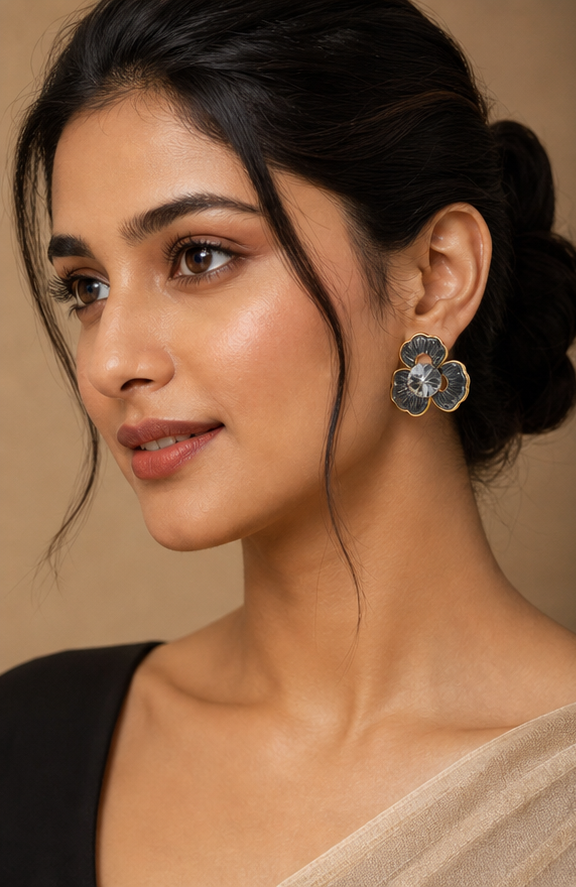 Charcoal Enamel Floral Stud Earrings with Smoky Crystal Center