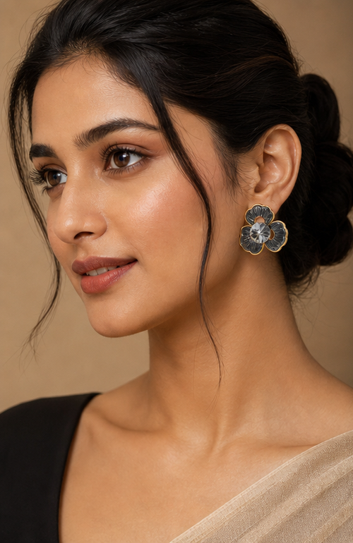 Charcoal Enamel Floral Stud Earrings with Smoky Crystal Center