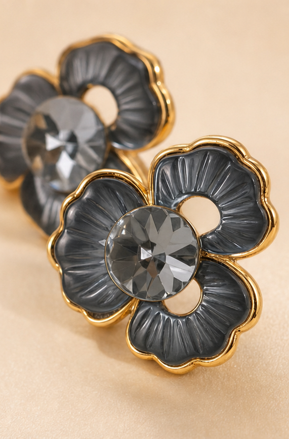 Charcoal Enamel Floral Stud Earrings with Smoky Crystal Center