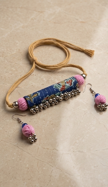 Tant-Katha | Cylindrical Kantha Fabric Choker & Drop Earrings Set