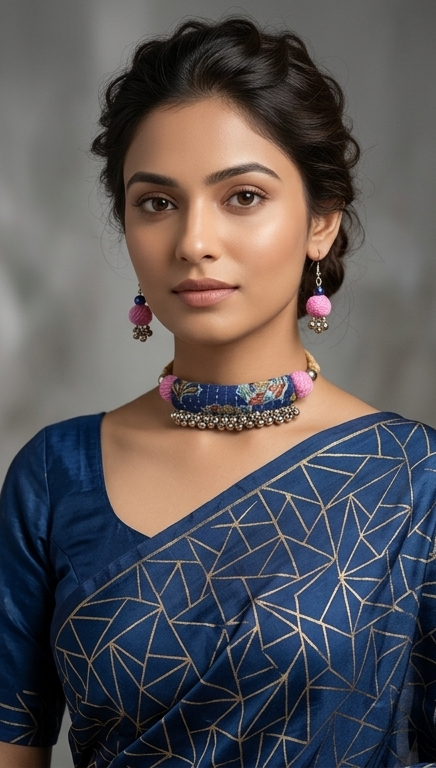 Tant-Katha | Cylindrical Kantha Fabric Choker & Drop Earrings Set