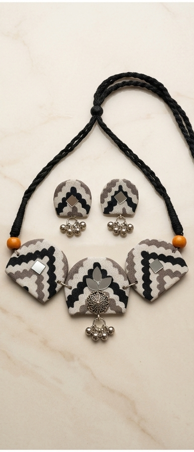 Chevron Mirror & Jhumka Bell Choker Set
