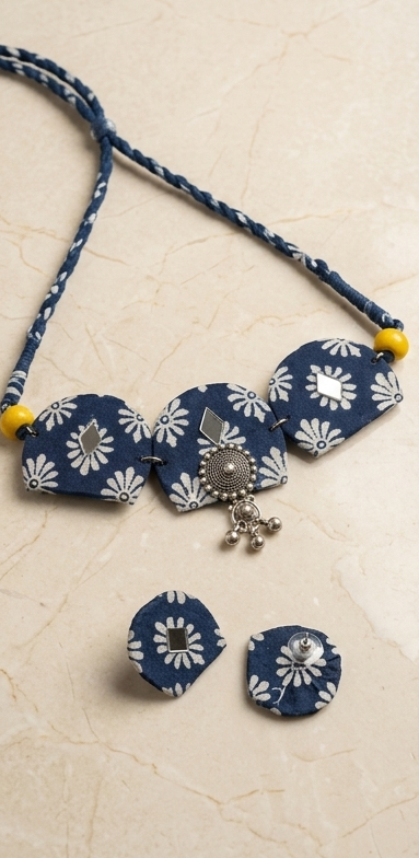Indigo Dabu-Print Fabric Arch Choker Set
