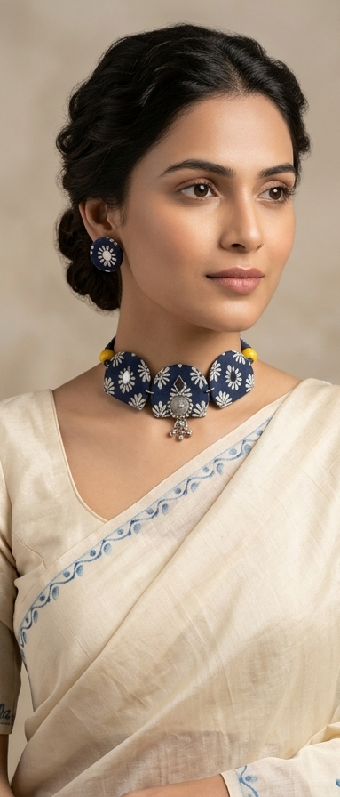 Indigo Dabu-Print Fabric Arch Choker Set
